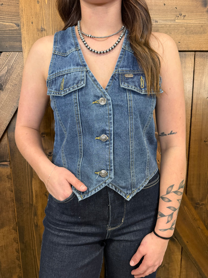 L&B Classic Mid Wash Button Down Denim Vest