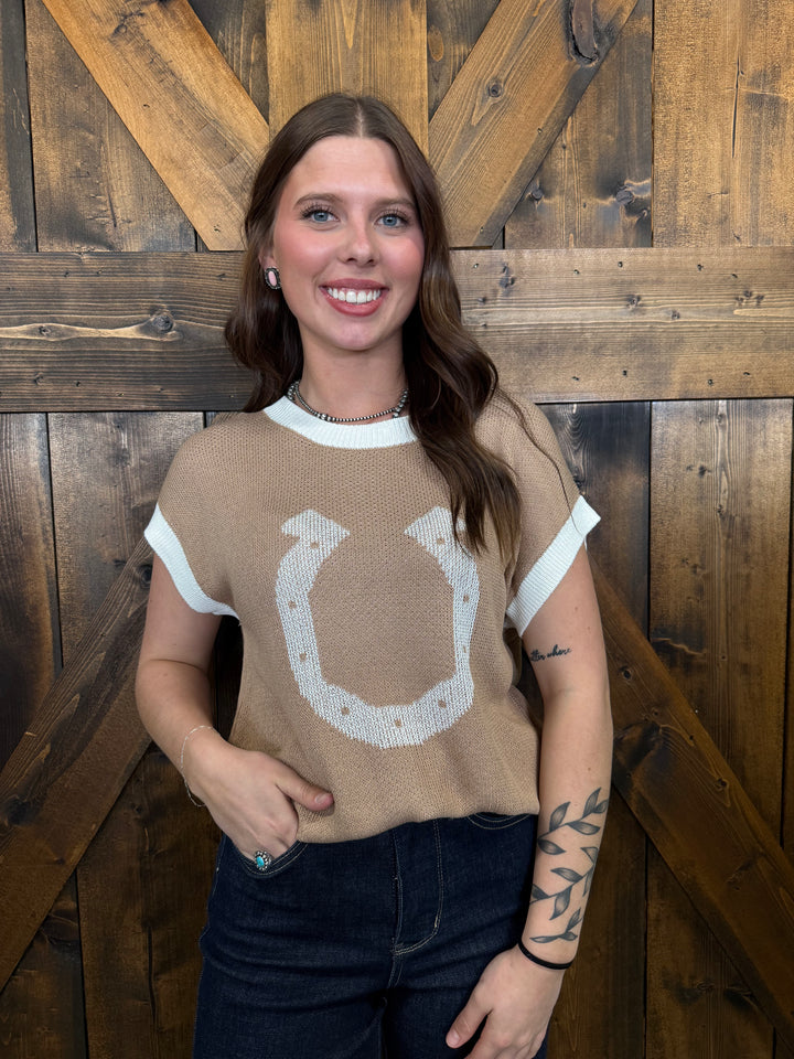 Beige Horse Shoe Contrast Trim Short Sleeve Sweater Top