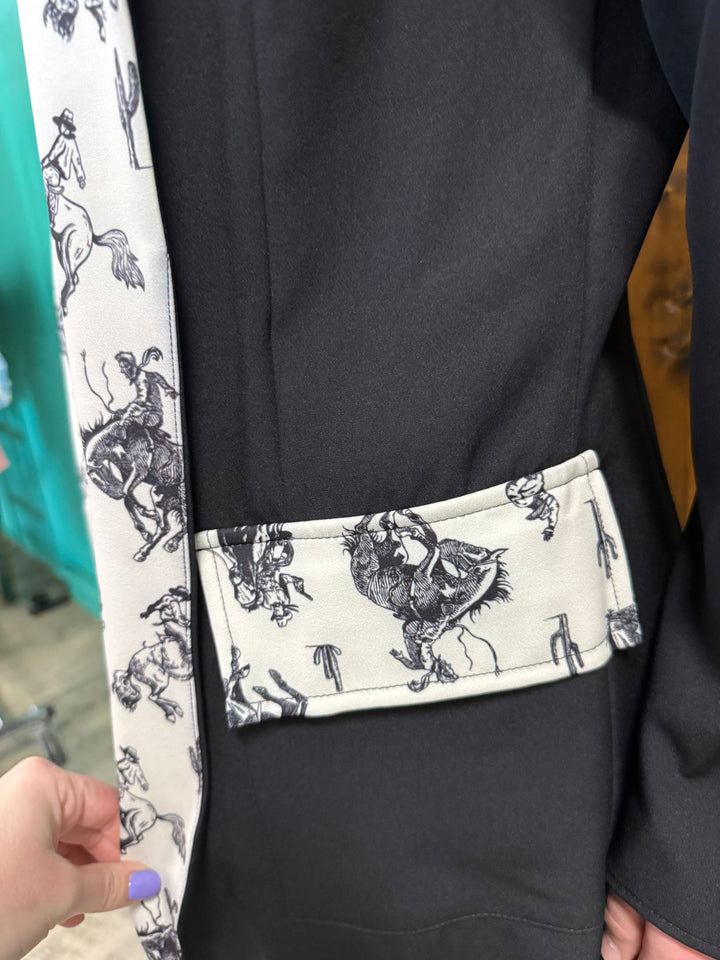 Black Cowboy Print Color Block Woven Blazer