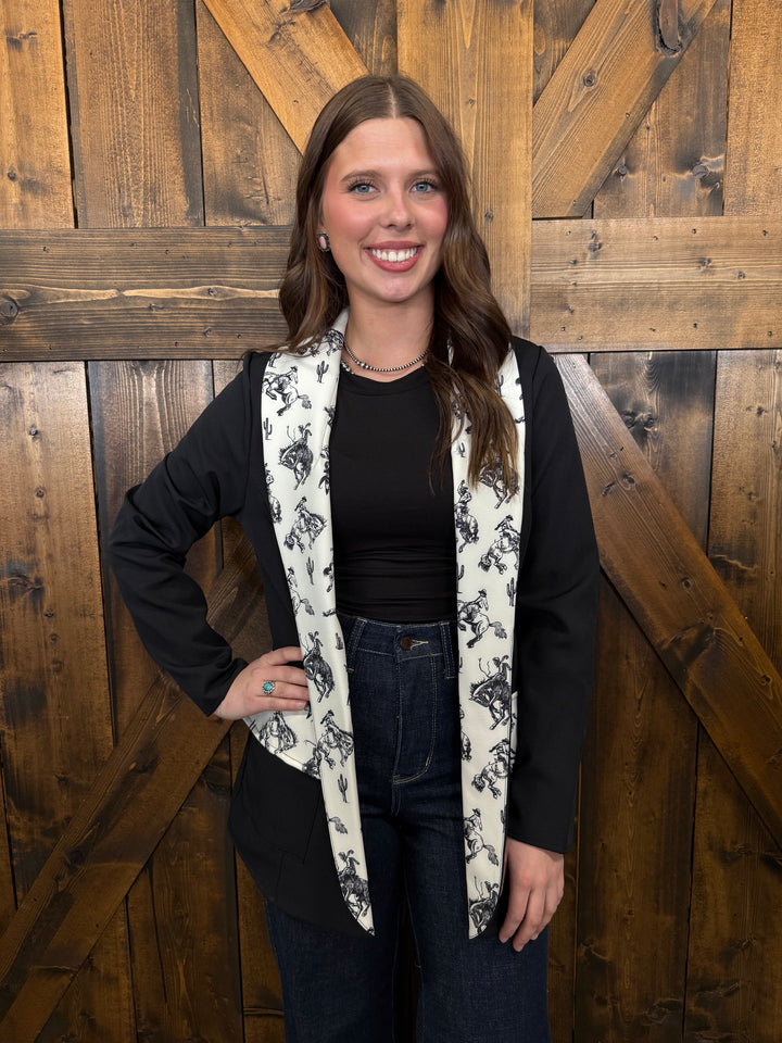 Black Cowboy Print Color Block Woven Blazer