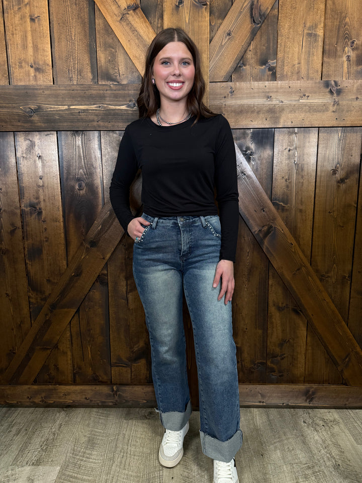 L&B Mid Wash Cuffed High Rise Studded Pocket Jeans