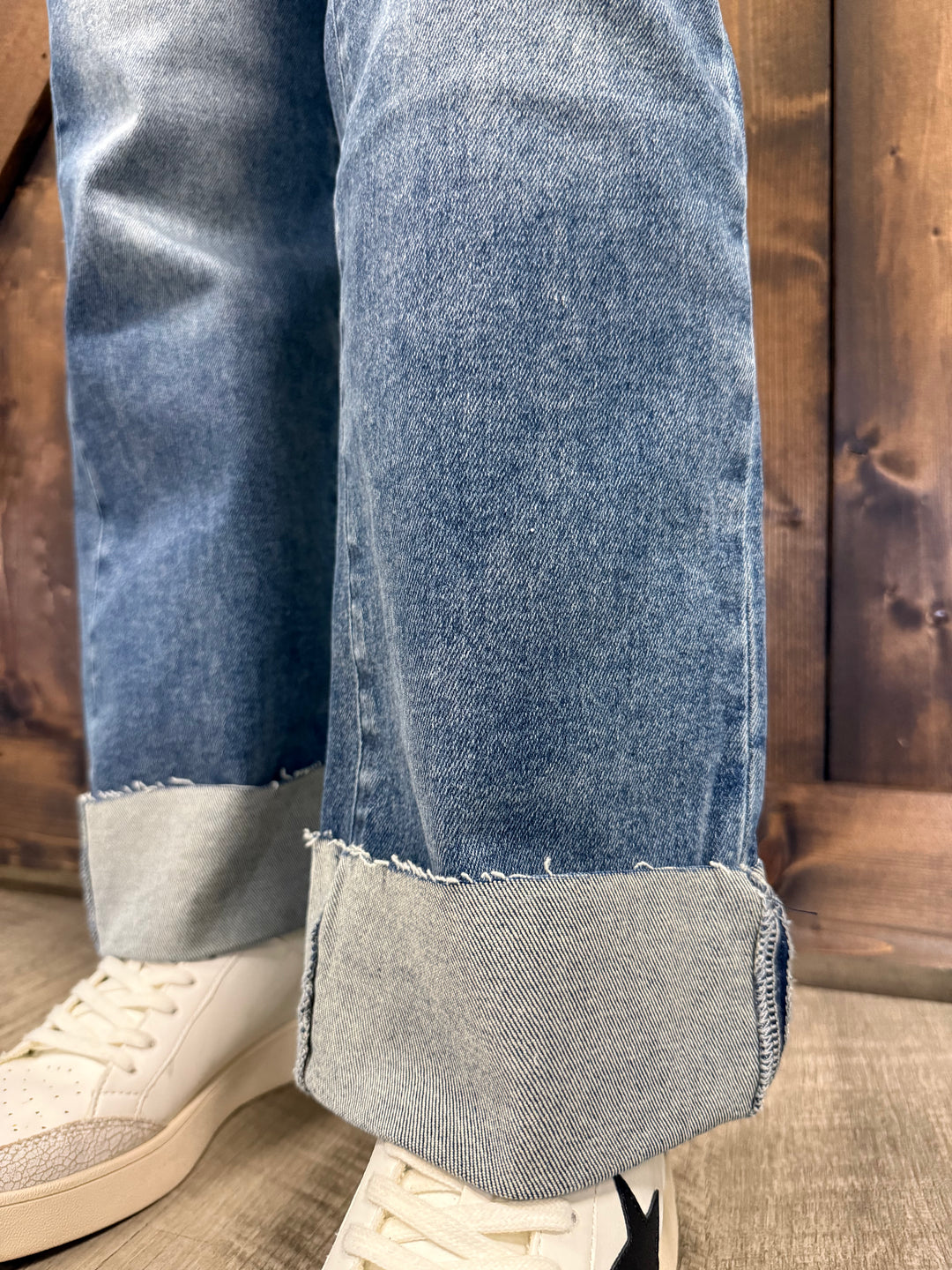 L&B Mid Wash Cuffed High Rise Studded Pocket Jeans