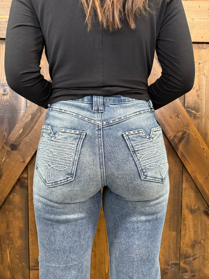 L&B Mid Wash Cuffed High Rise Studded Pocket Jeans