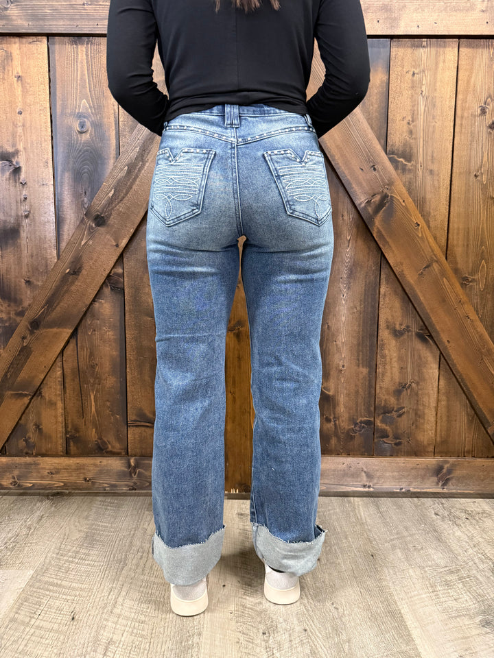 L&B Mid Wash Cuffed High Rise Studded Pocket Jeans