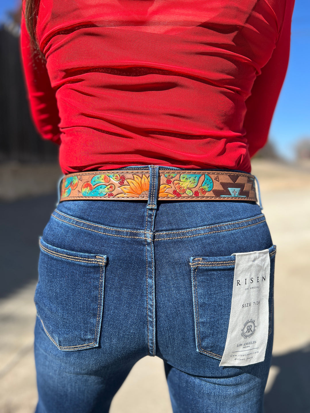 Olay Hand Painted Desert Flowers Tooled Leather Belt