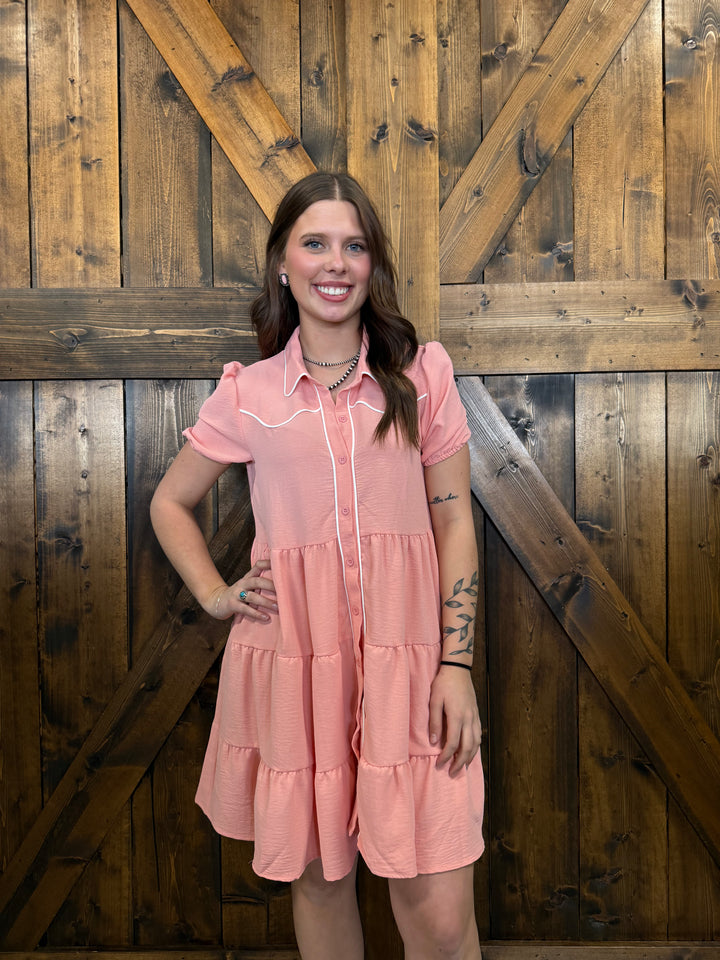 L&B Puff Sleeve Western Tier Piping Yoke Dress - 3 Colors