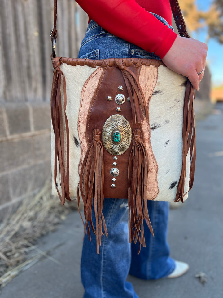 American Darling Raw Leather Hair On Hide Concho Bag