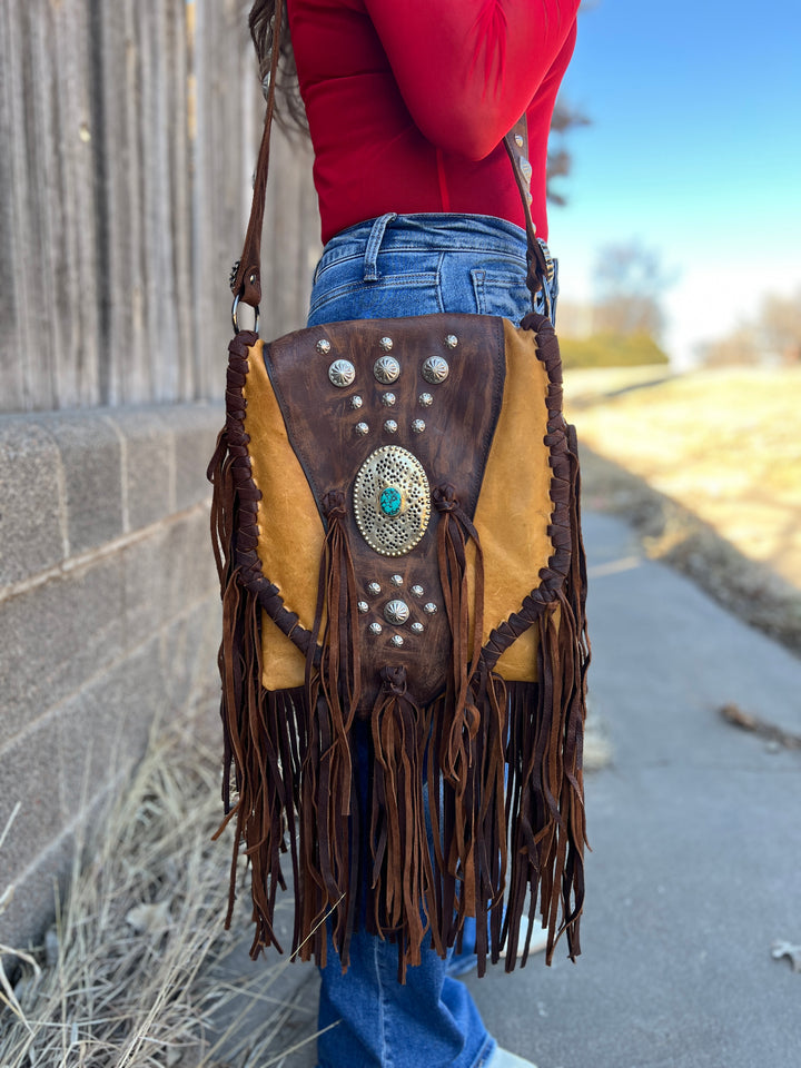 American Darling Leather Flap Whip Stitch and Fringe Bag