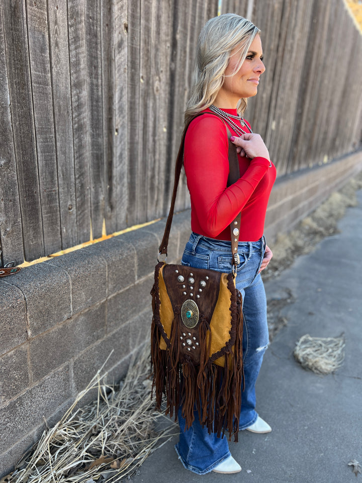 American Darling Leather Flap Whip Stitch and Fringe Bag