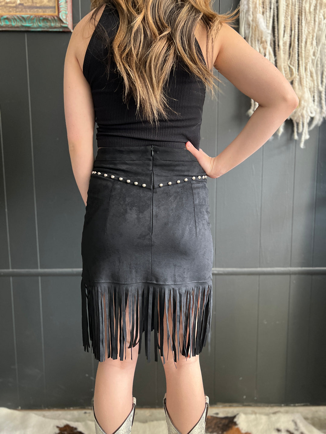 L&B Black Double Buckle Studded Suede Fringe Skirt*
