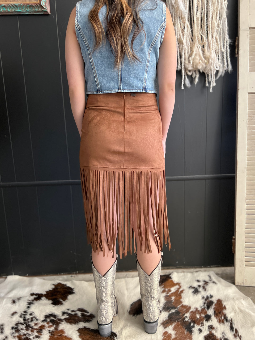 L&B Brown Western Boot Stitch Embroidered Studded Suede Fringe Skirt*