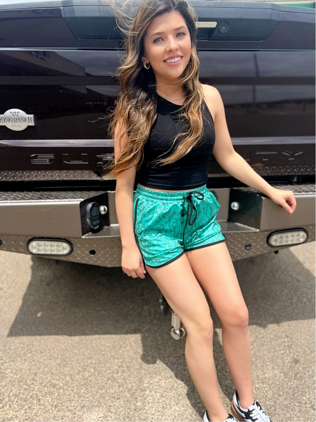 PLUS Sterling Kreek Raised Round Here Turquoise Shorts | gussieduponline