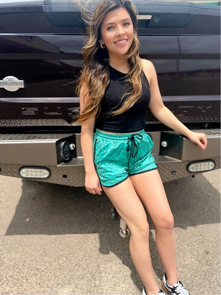 PLUS Sterling Kreek Raised Round Here Turquoise Shorts | gussieduponline