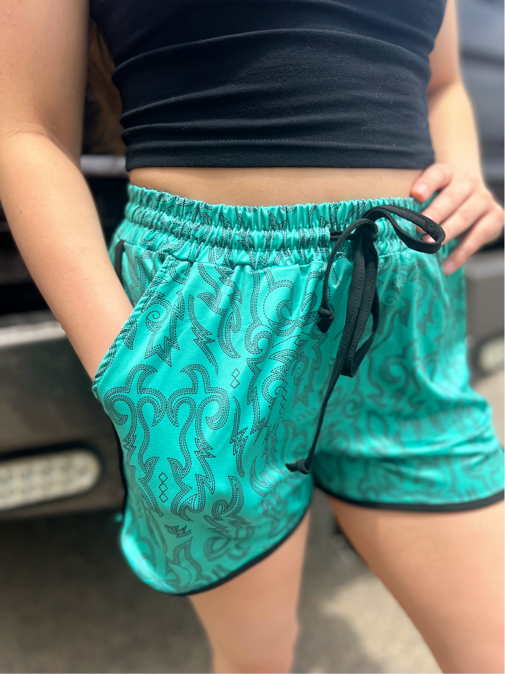 PLUS Sterling Kreek Raised Round Here Turquoise Shorts | gussieduponline