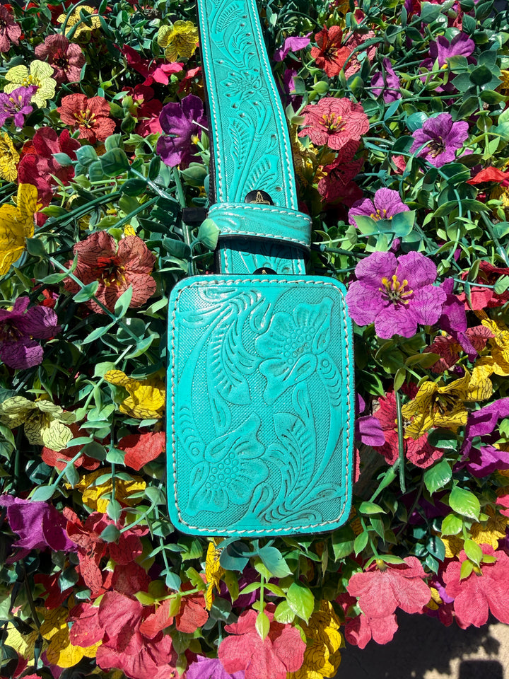 Turquoise Floral Tooled Western Leather Belt w/ Jade Floral Detail