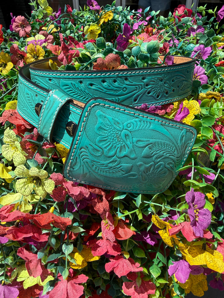 Turquoise Floral Tooled Western Leather Belt w/ Jade Floral Detail