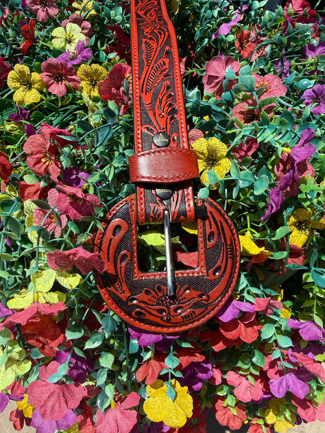 Red Black Floral Tooled Western Leather Belt w/ Round Leather Buckle