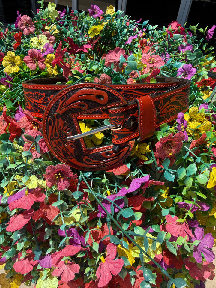 Red Black Floral Tooled Western Leather Belt w/ Round Leather Buckle
