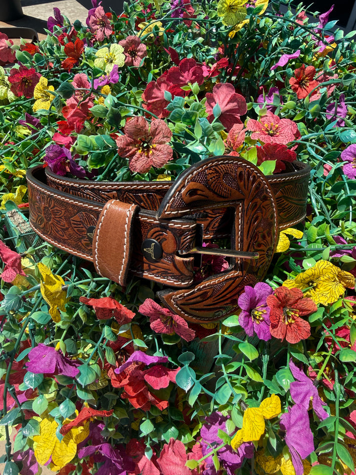 Brown Tooled Western Leather Belt w/ Round Leather Buckle