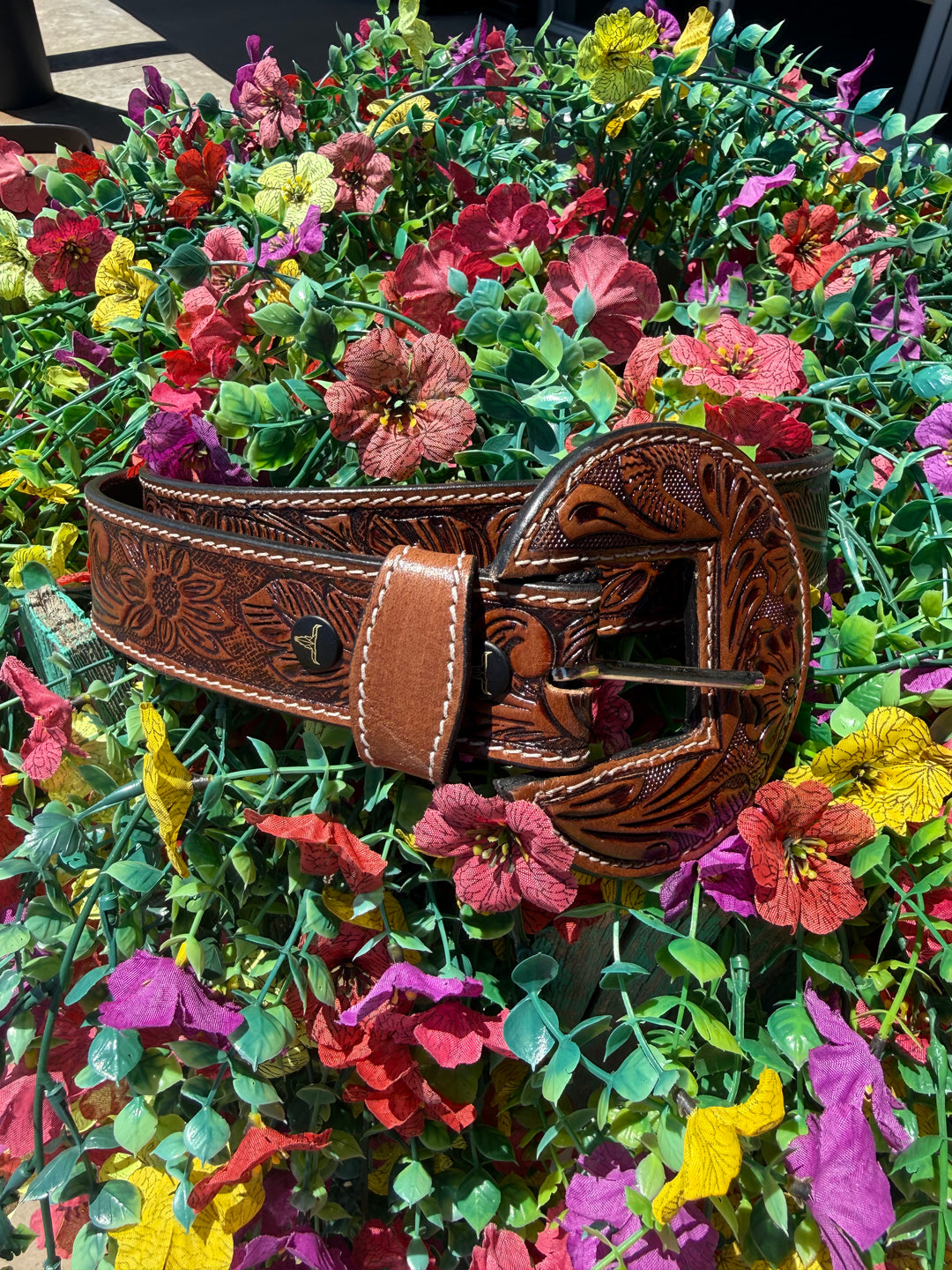Brown Tooled Western Leather Belt w/ Round Leather Buckle