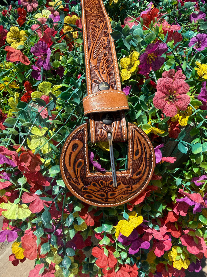 Camel Tooled Western Leather Belt w/ Floral Round Leather Buckle