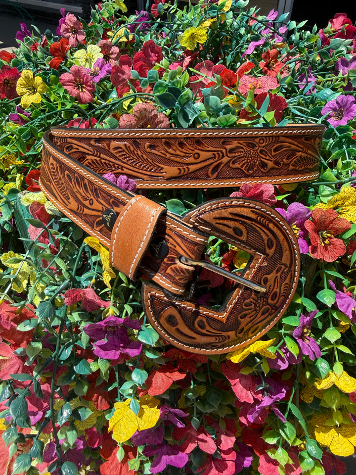Camel Tooled Western Leather Belt w/ Floral Round Leather Buckle