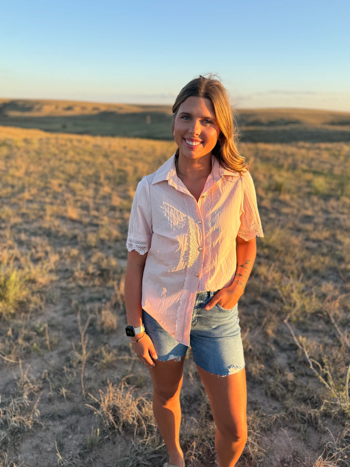 Pink Lace Short Sleeve Button Up Top