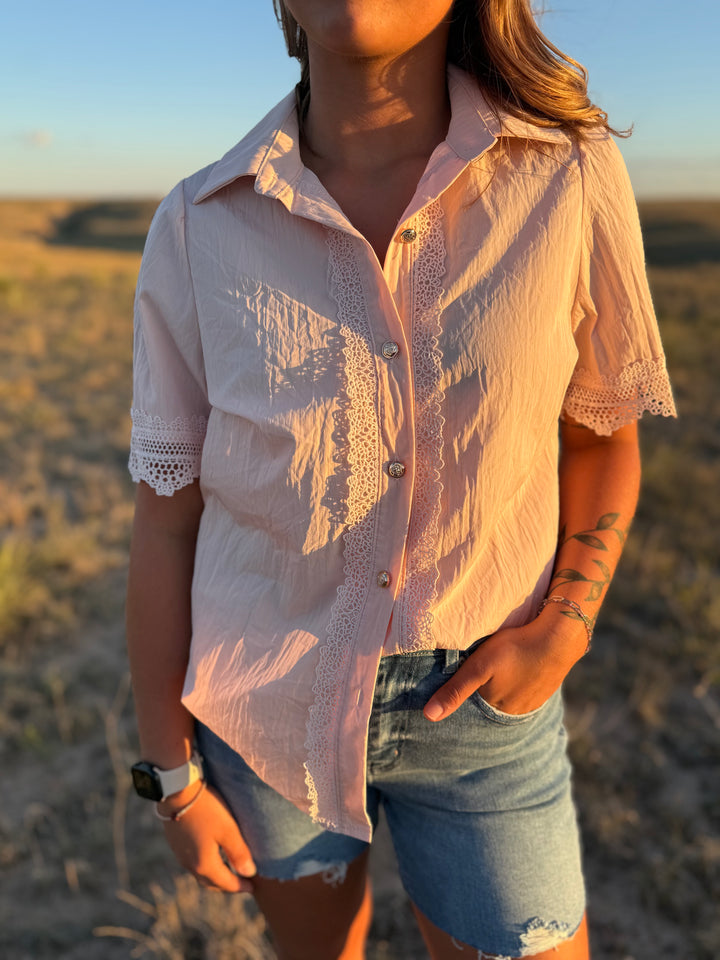 Pink Lace Short Sleeve Button Up Top