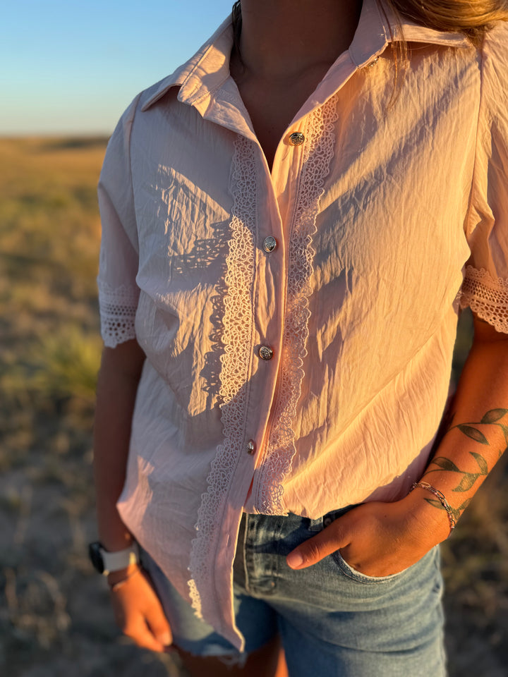 Pink Lace Short Sleeve Button Up Top