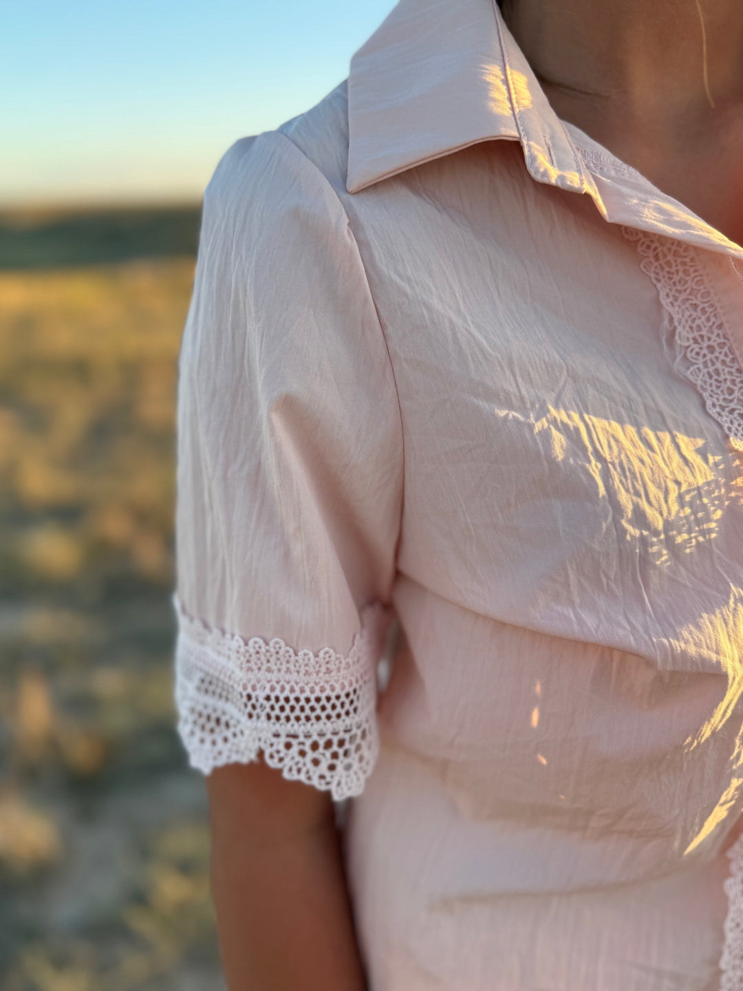 Pink Lace Short Sleeve Button Up Top