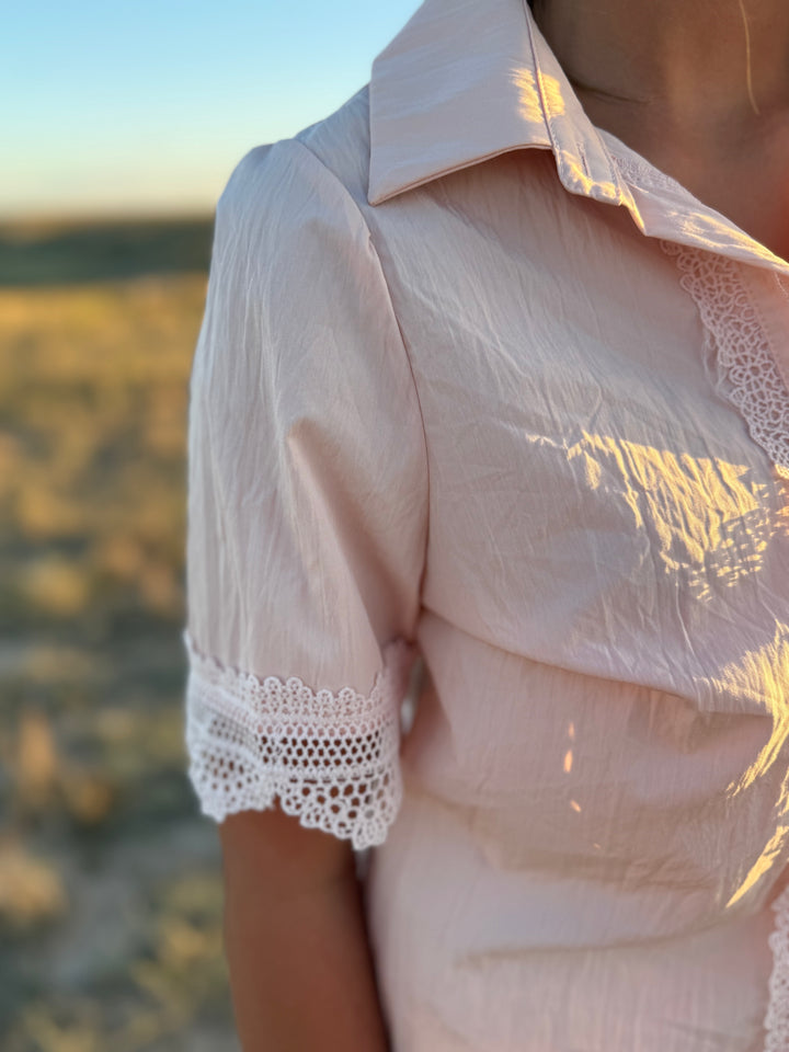Pink Lace Short Sleeve Button Up Top