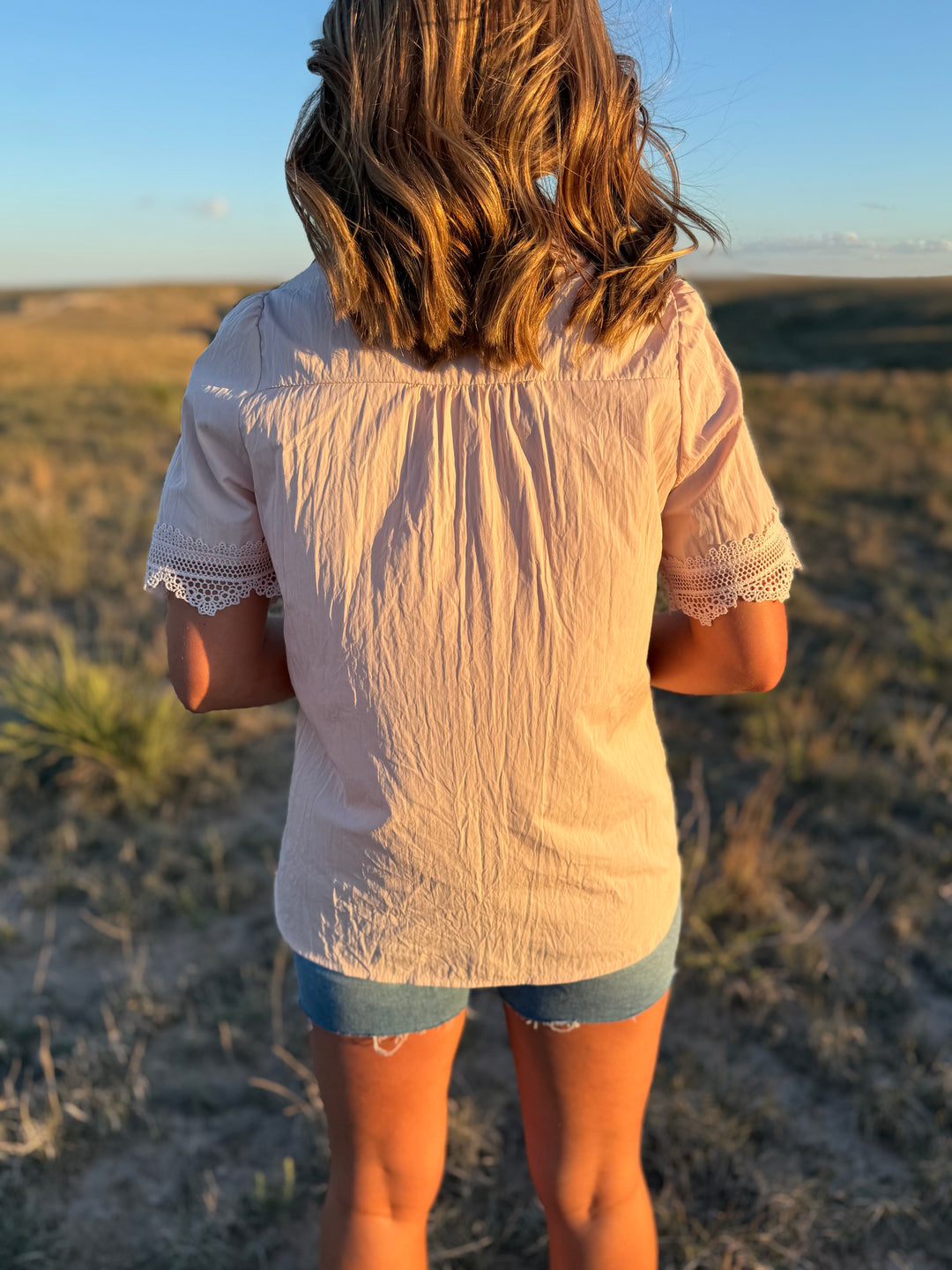 Pink Lace Short Sleeve Button Up Top