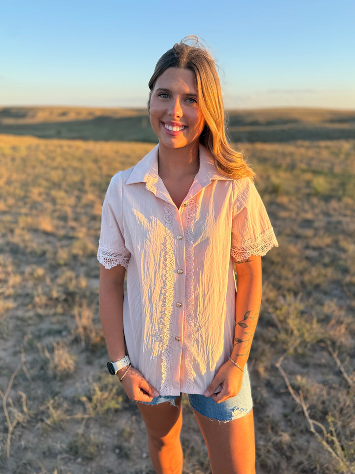Pink Lace Short Sleeve Button Up Top
