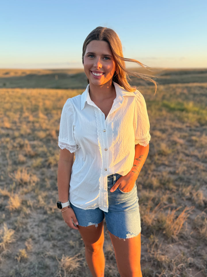 White Lace Short Sleeve Button Up Top