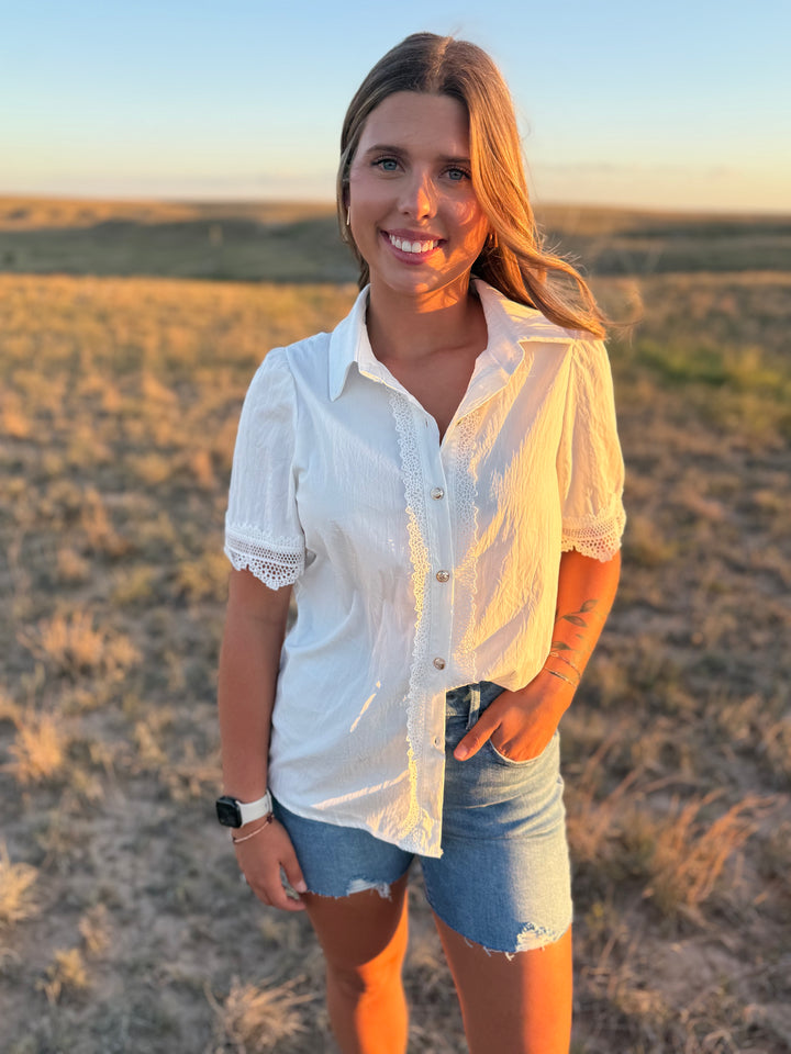 White Lace Short Sleeve Button Up Top