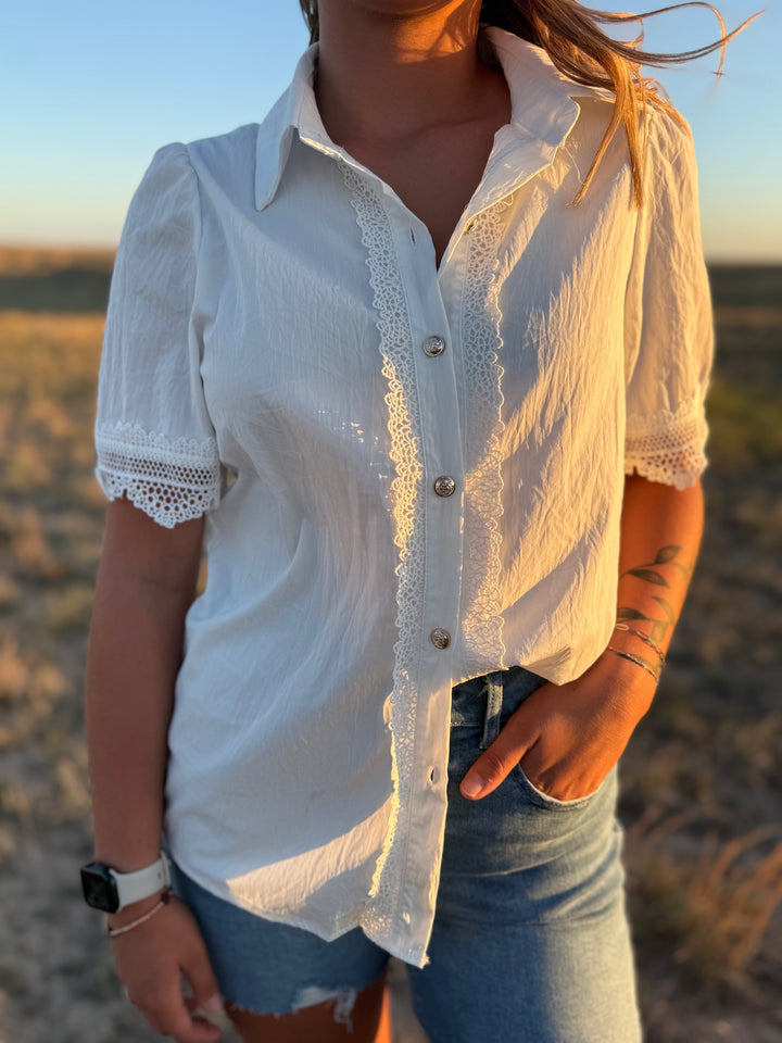 White Lace Short Sleeve Button Up Top