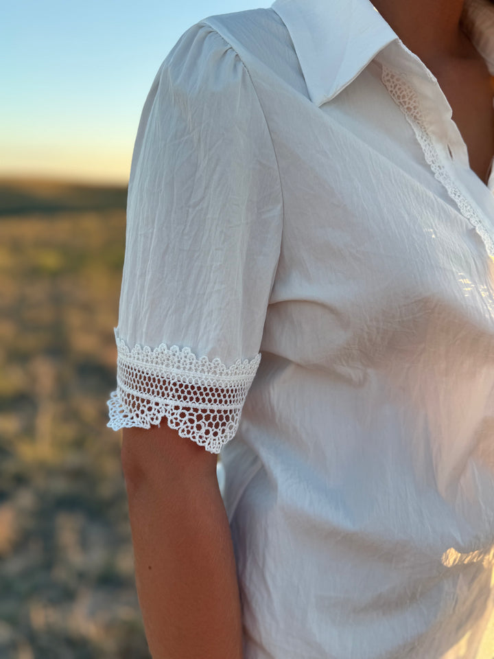 White Lace Short Sleeve Button Up Top