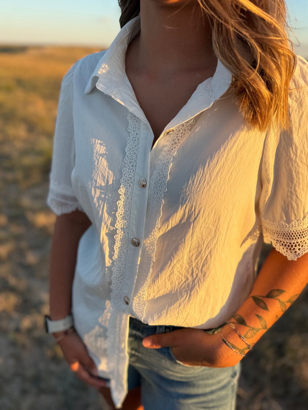 White Lace Short Sleeve Button Up Top