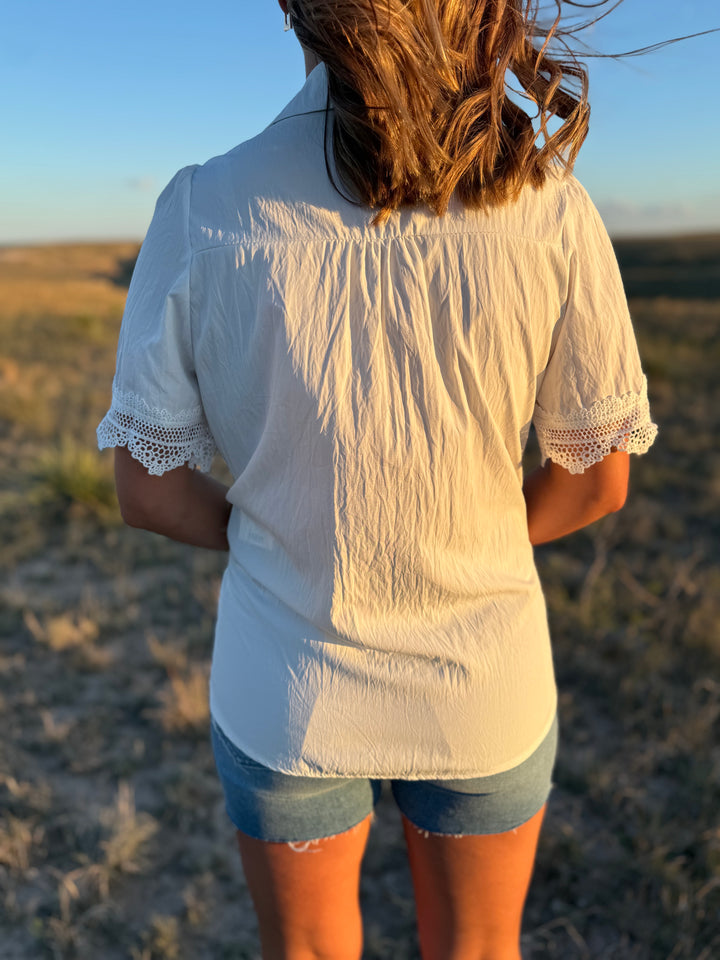 White Lace Short Sleeve Button Up Top