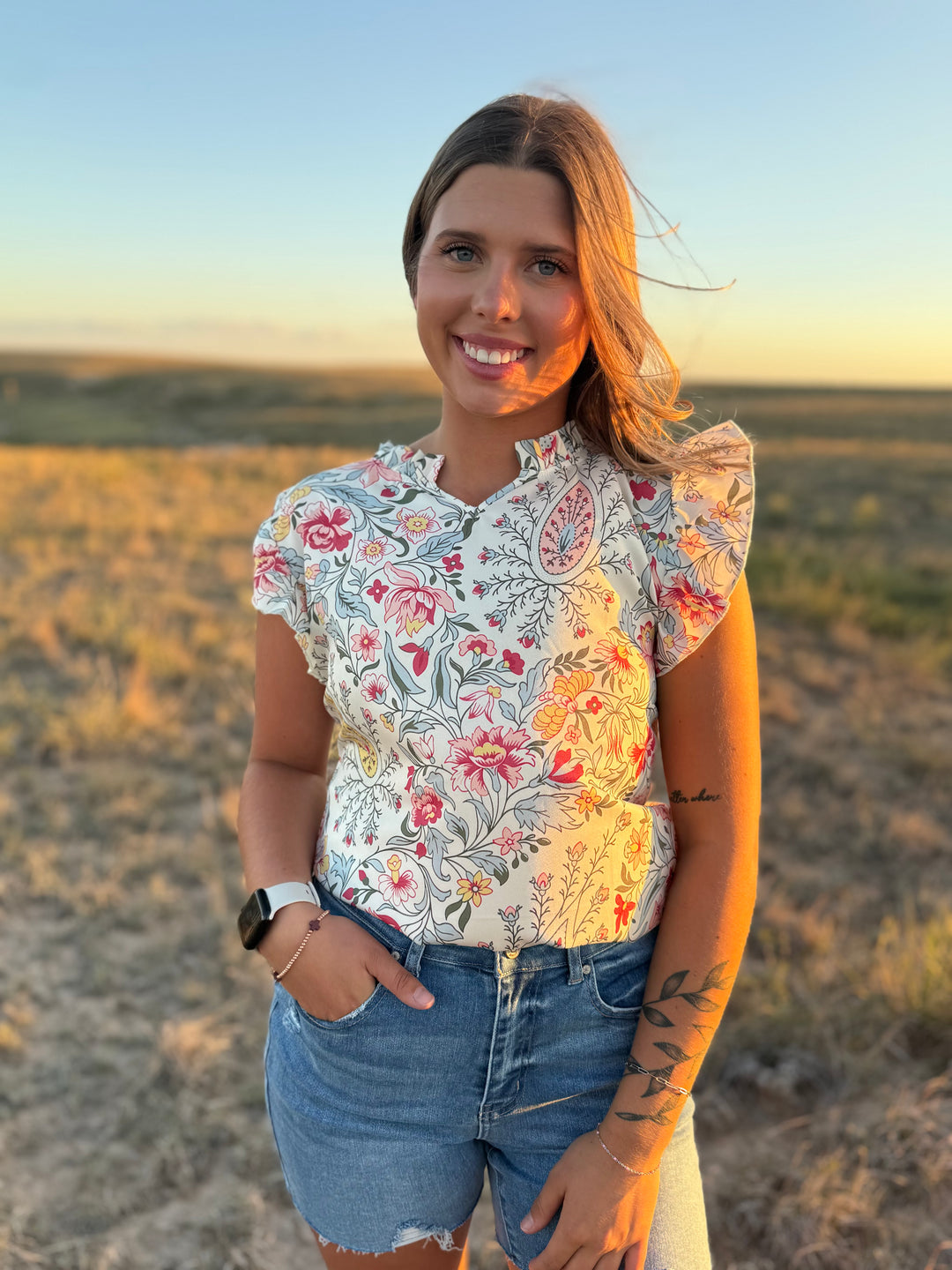 Floral V Neck Ruffle Sleeve Top