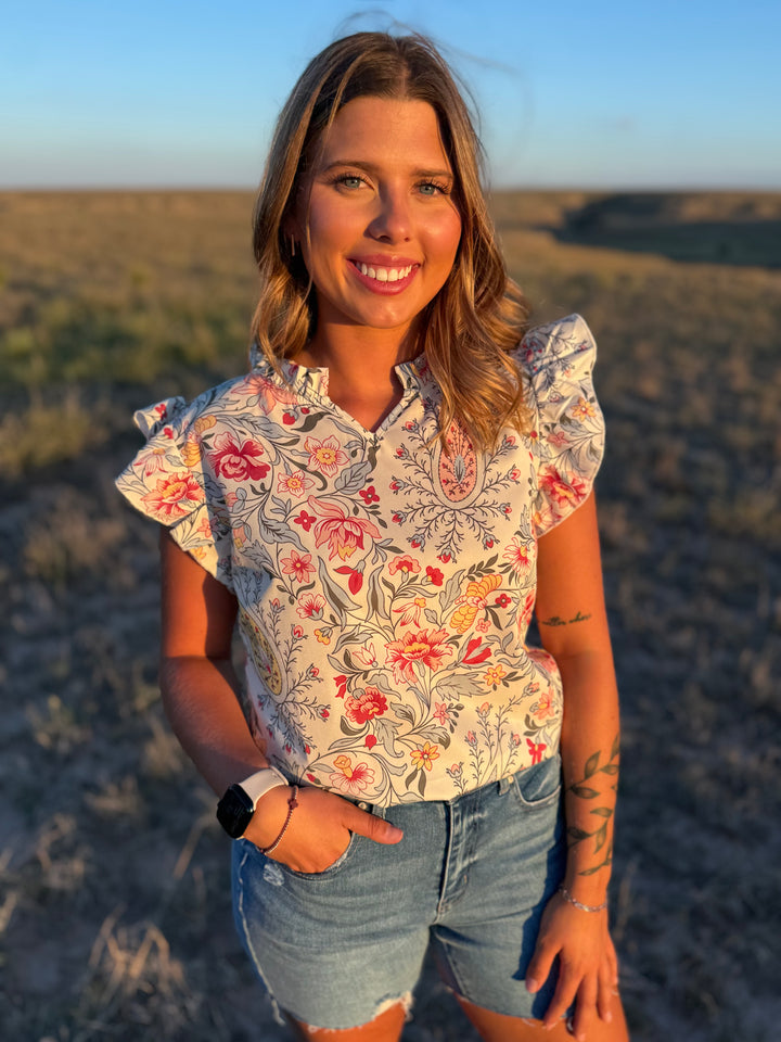 Floral V Neck Ruffle Sleeve Top