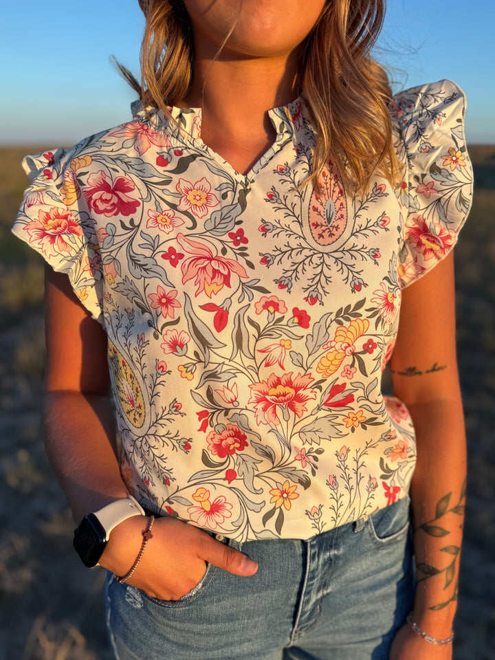 Floral V Neck Ruffle Sleeve Top