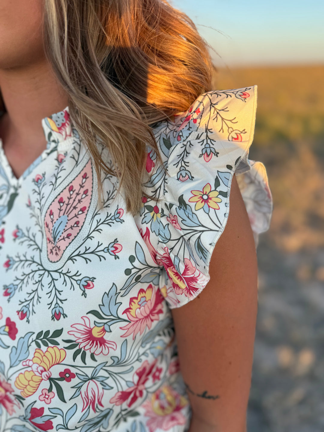 Floral V Neck Ruffle Sleeve Top