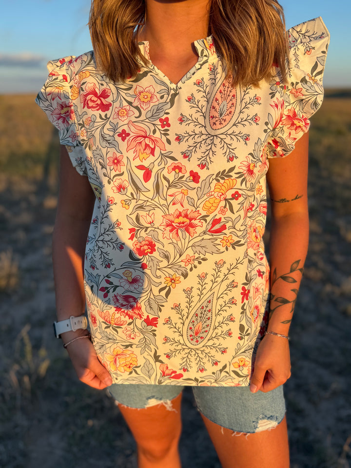 Floral V Neck Ruffle Sleeve Top