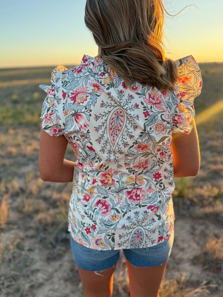 Floral V Neck Ruffle Sleeve Top