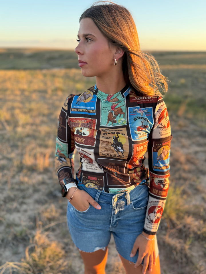 Texas Rodeo Collage Long Sleeve Mesh Top