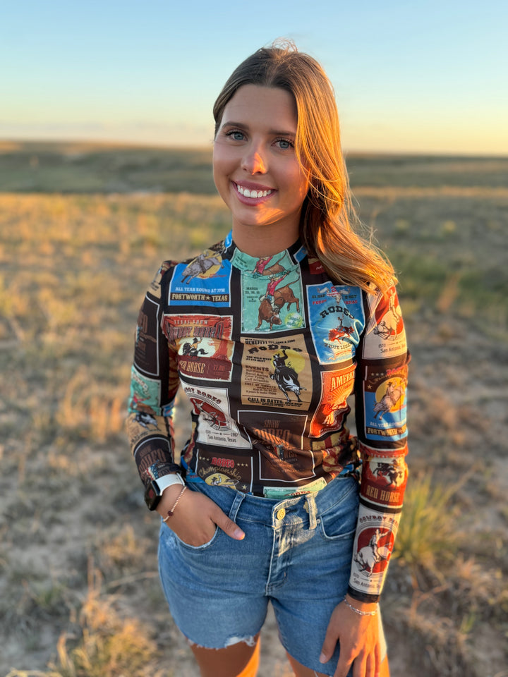 Texas Rodeo Collage Long Sleeve Mesh Top