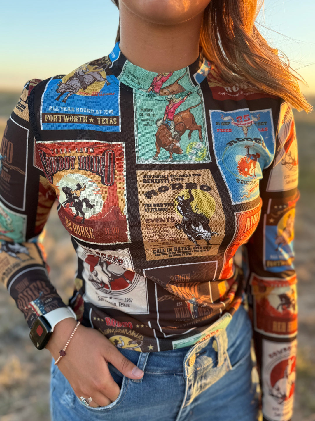 Texas Rodeo Collage Long Sleeve Mesh Top
