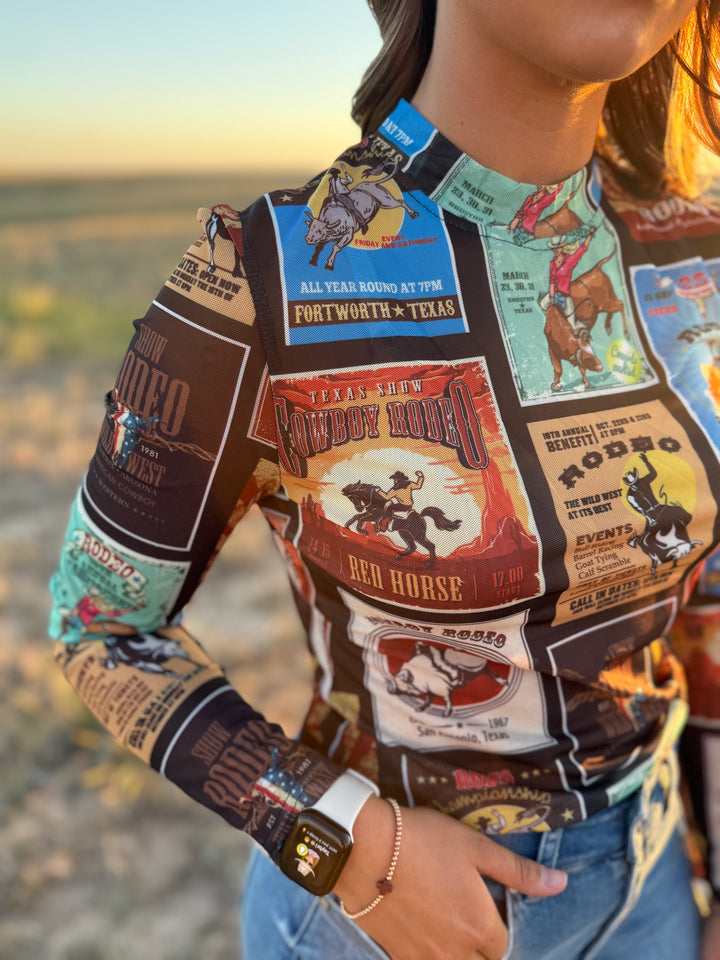 Texas Rodeo Collage Long Sleeve Mesh Top