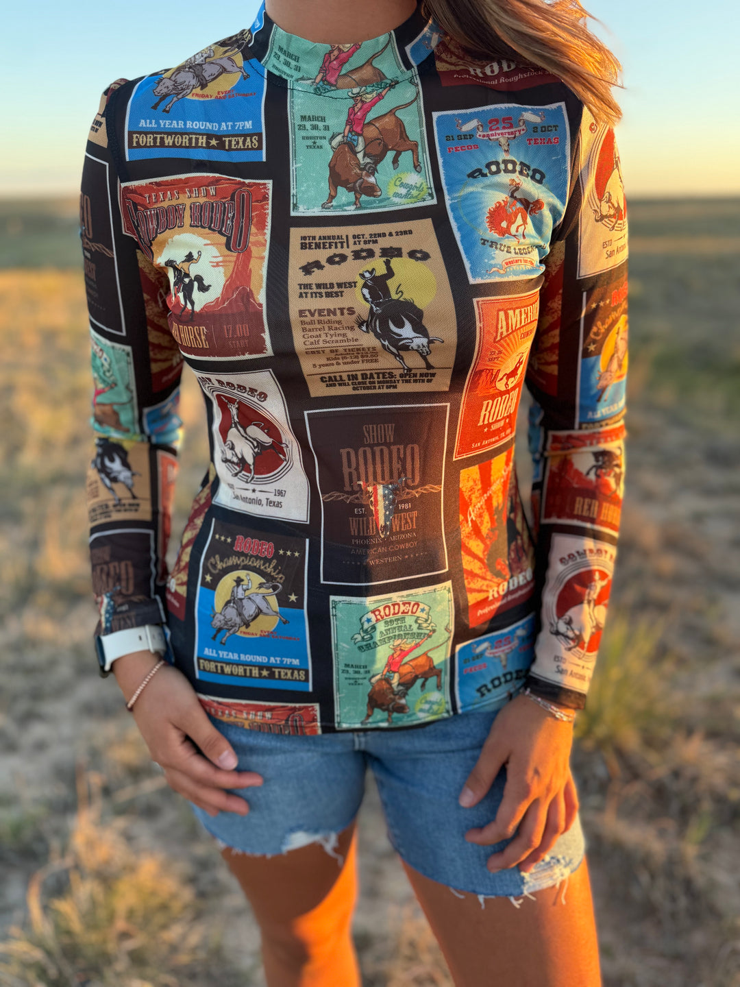 Texas Rodeo Collage Long Sleeve Mesh Top